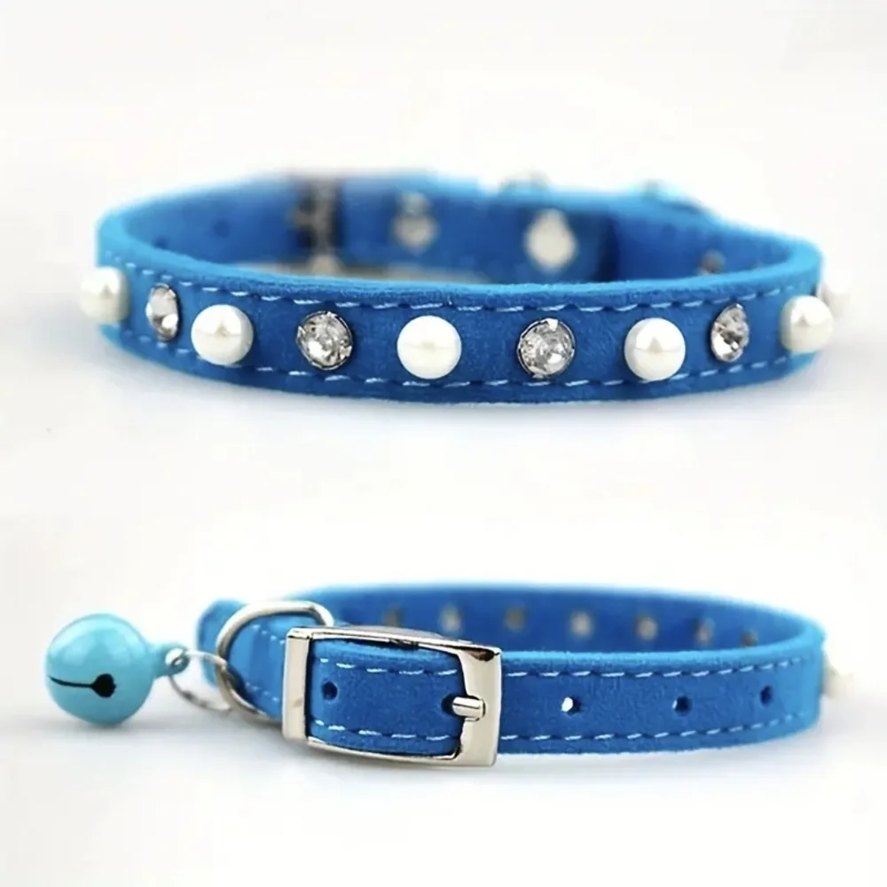 Blue Pet Collar with Pearls and Rhinestones